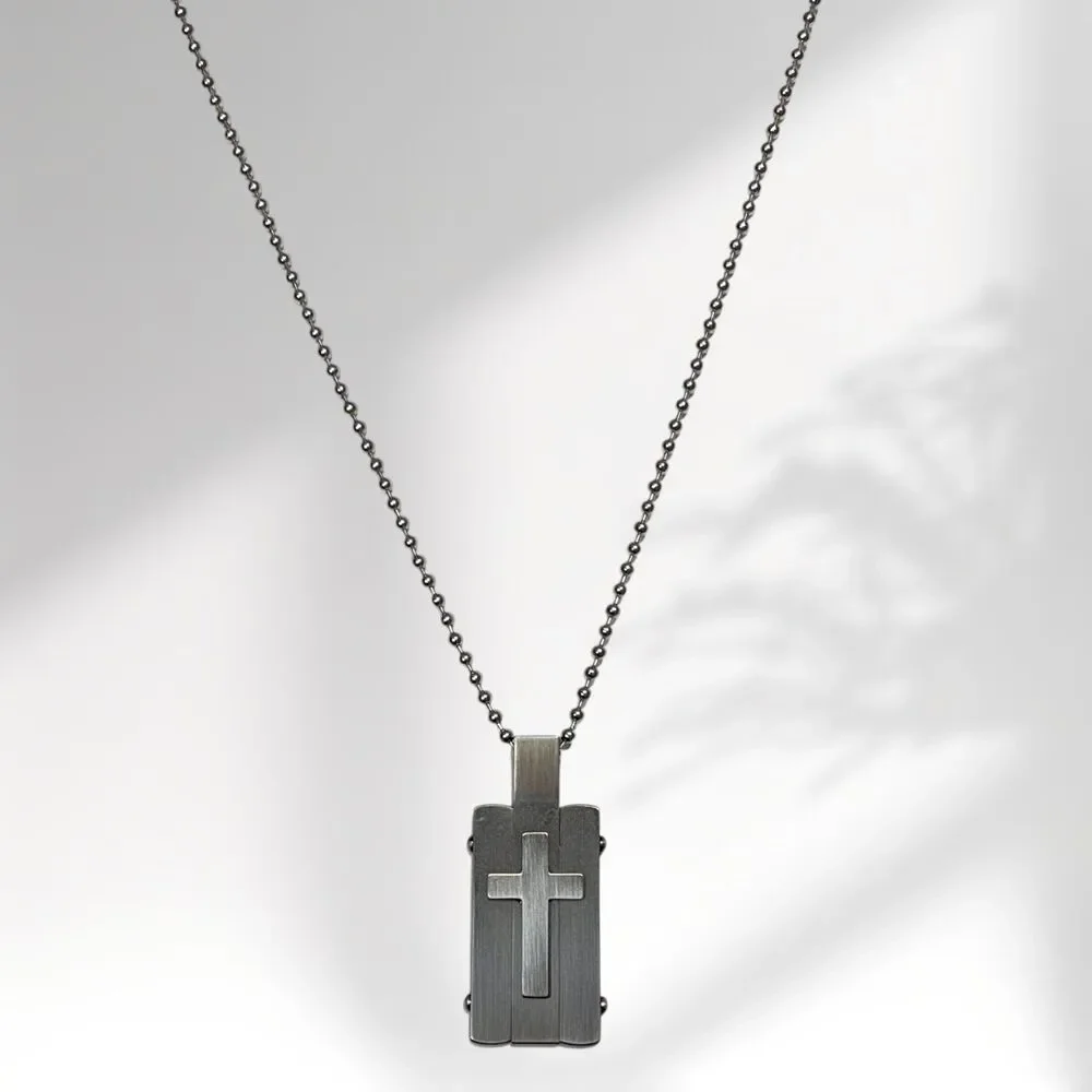 Mens Cross Necklace Dog Tag Chain Gunmetal Stainless Steel Christian Religious